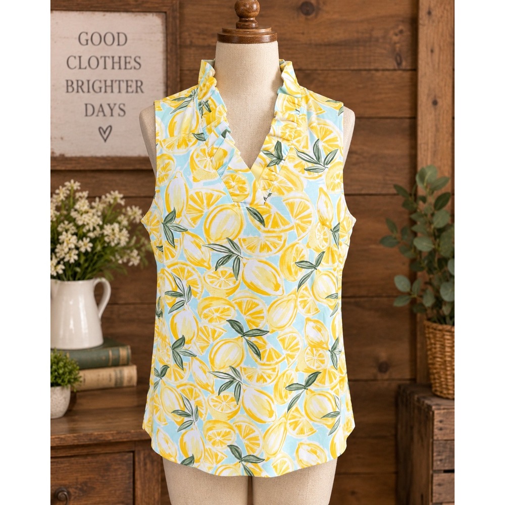Crown & Ivy Womens XL Lemon Print Ruffle V-Neck Sleeveless Cotton Top Yellow